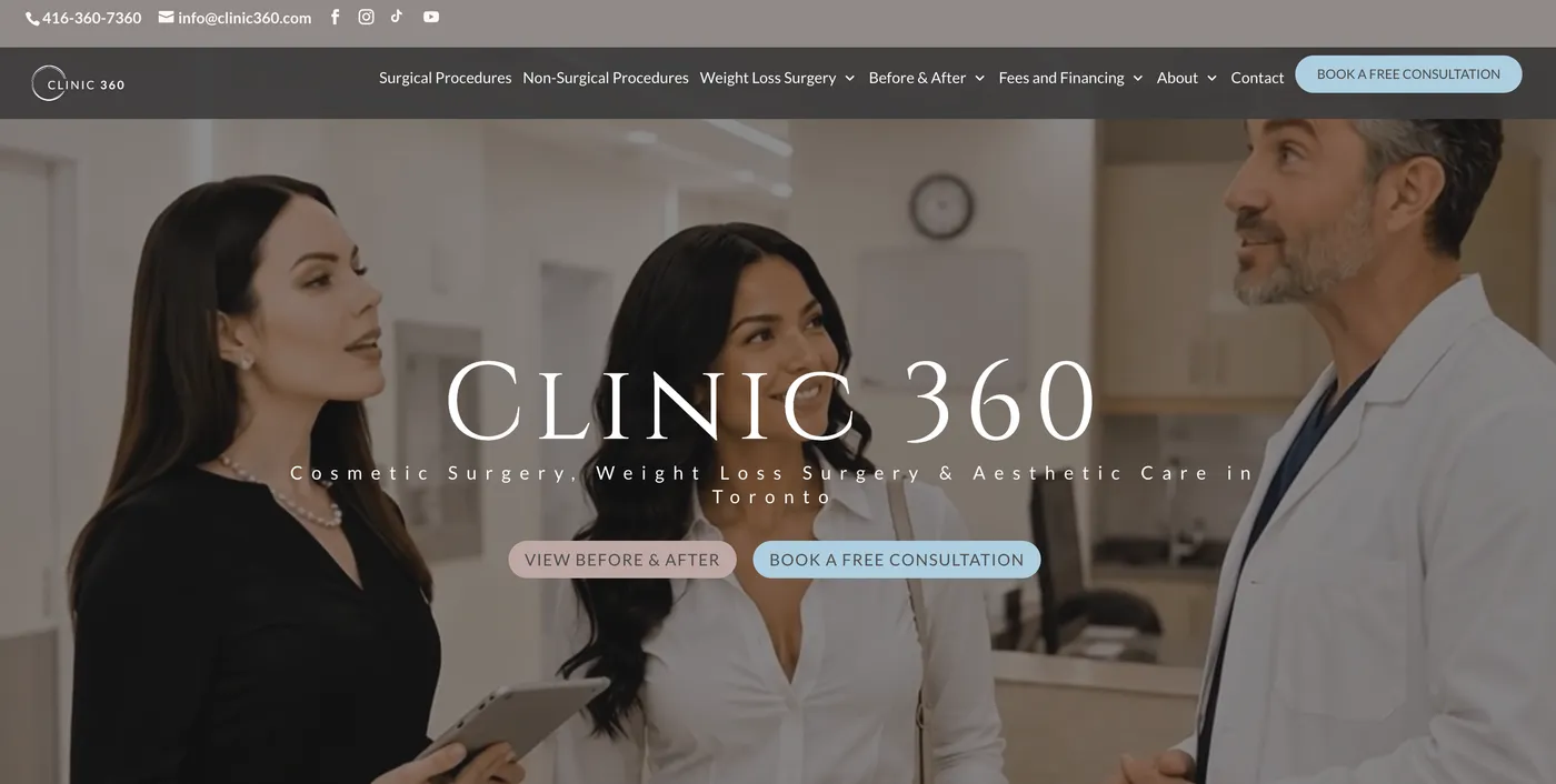 Clinic 360 website: a physician and two staff members in the clinic